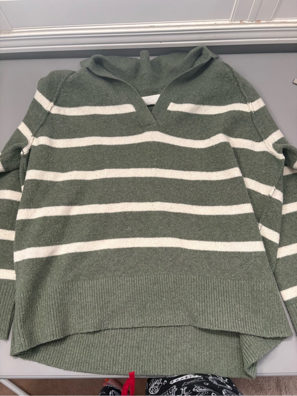 aerie Green and Cream Striped V-Neck Hooded Sweater